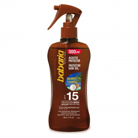 Babaria Bronceador Aceite en Pistola F15 Monoi de Tahiti, 300ml - Brillo Tropical y Protección Moderada