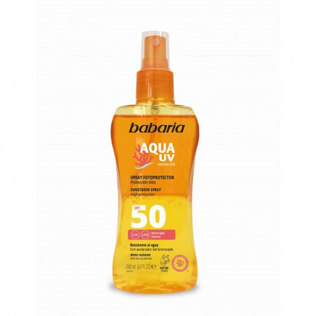 Babaria Aqua UV Aceite Spray FP 50 con Acelerador del Bronceado, Resistente al Agua, 200ml - Protección y Bronceado Natural