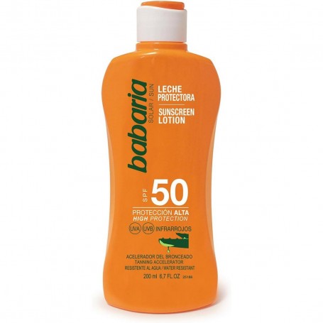 Babaria Solar Bronceador Leche SPF 50 con Aloe Vera, 200ml. Máxima Protección