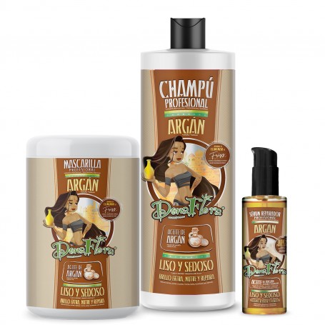 Pack Dona Flora Aceite de Argan: Champú 1000ml + Mascarilla Capilar 1000ml + Serum 100ml
